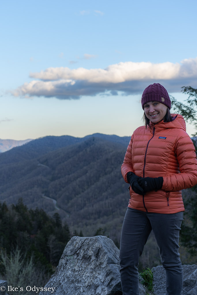 Lu bundled up for warmth during an ultralight backpacking trip through the Smokies