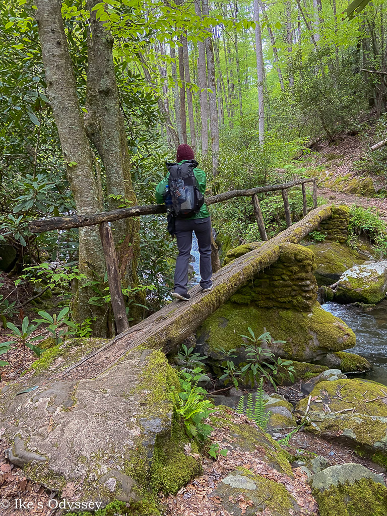 Crossing a rickety footlog on theMountains to Sea Trail in the Smoky Mountains